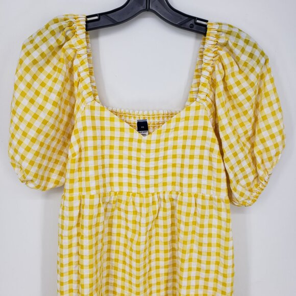 3/$25 Old Navy Gingham Plaid Mini Babydoll Dress XS Short Puff Sleeves Yellow - Picture 4 of 9